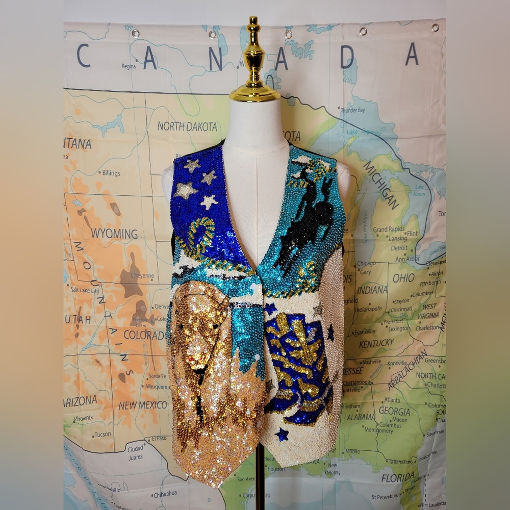 Adorable Western Sequin Embellished Vest with Blue and Gold Accents.